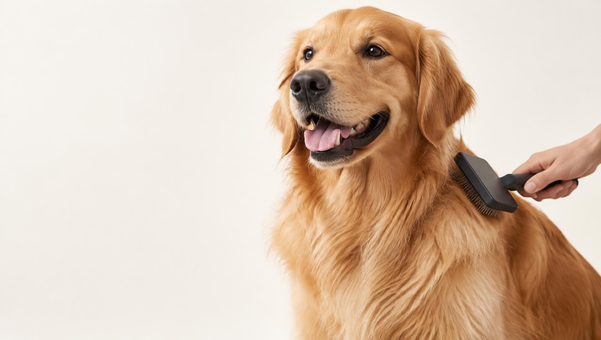 Golden retriever being brushed with a grooming brush
